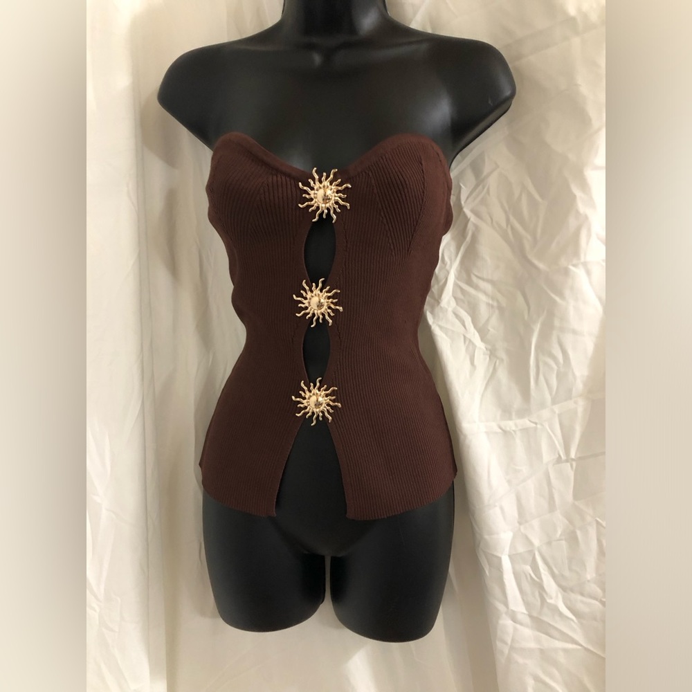 Dark brown sweater knit gold sunburst buttons strapless knit top size large new